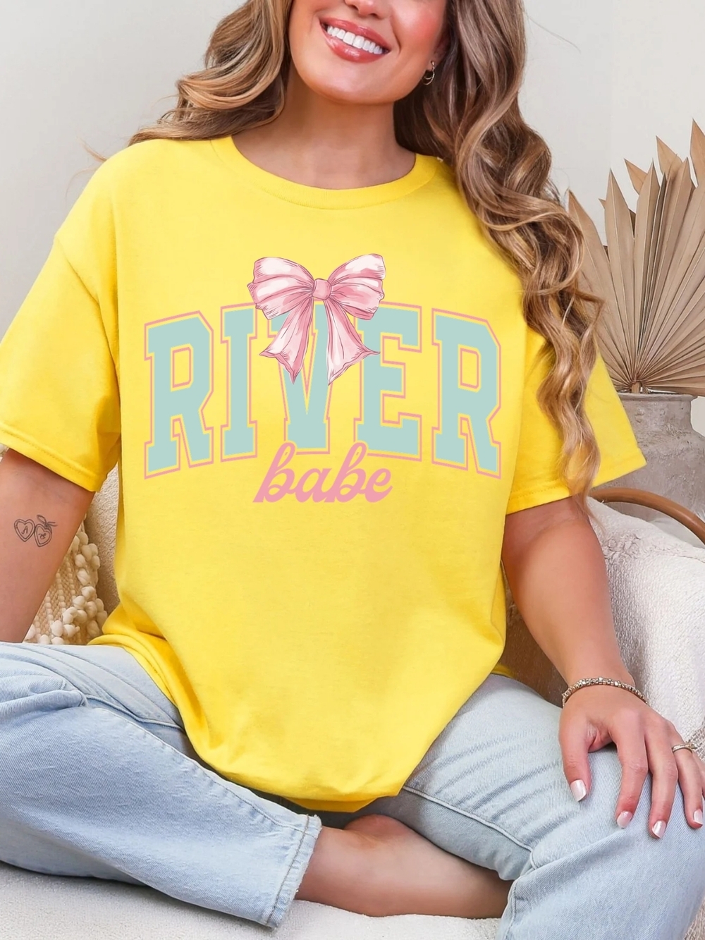 Gildan Yellow "River Babe" Short Sleeve Tee with Pink Bow